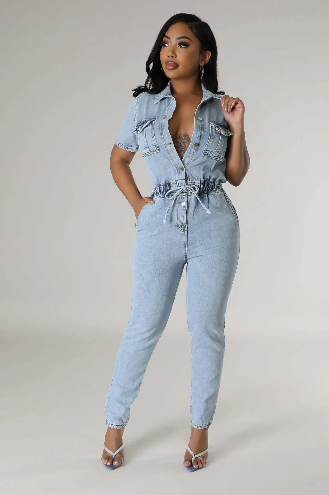 JazzHer Bleached One Piece Denim Women Overalls Ankle Length Pencil Jean Pants Solid Spliced Jeans Pockets Casual Skinny Washed