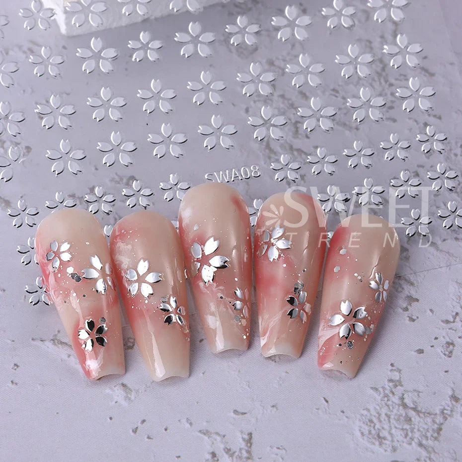 JazzHer 3D Laser Silver Sakura Flower Nail Art Sticker Holographic Foils White Floral Decals Adhesive Sliders Cherry Blossom Manicure