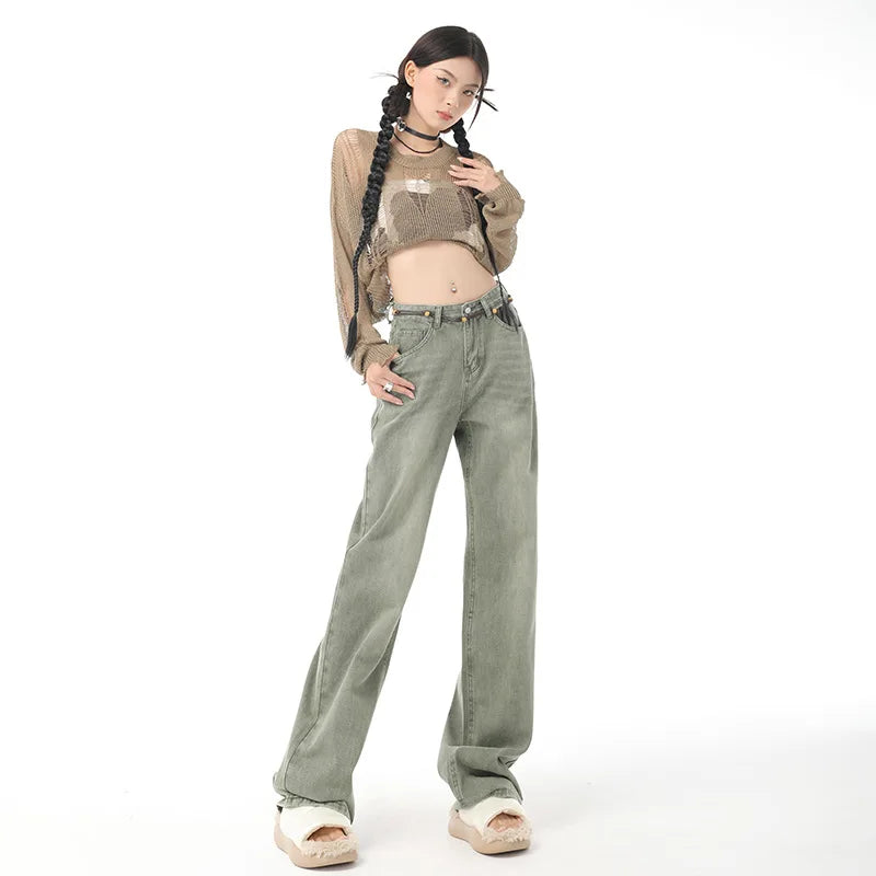 JazzHer Vintage Denim Straight Buttoned High Waist Streetwear Jeans Slight Blue Jeans Long Pants Y2k Work Summer Blue Jeans Capris