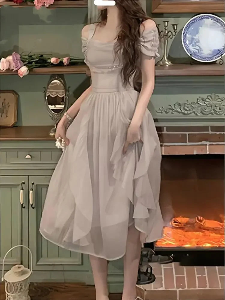 JazzHer Korean Chic Ruffle Fairy Midi Dress Women 2024 New Summer Elegant Solid Princess Birthday Party Vestidos Female Casual Clothes