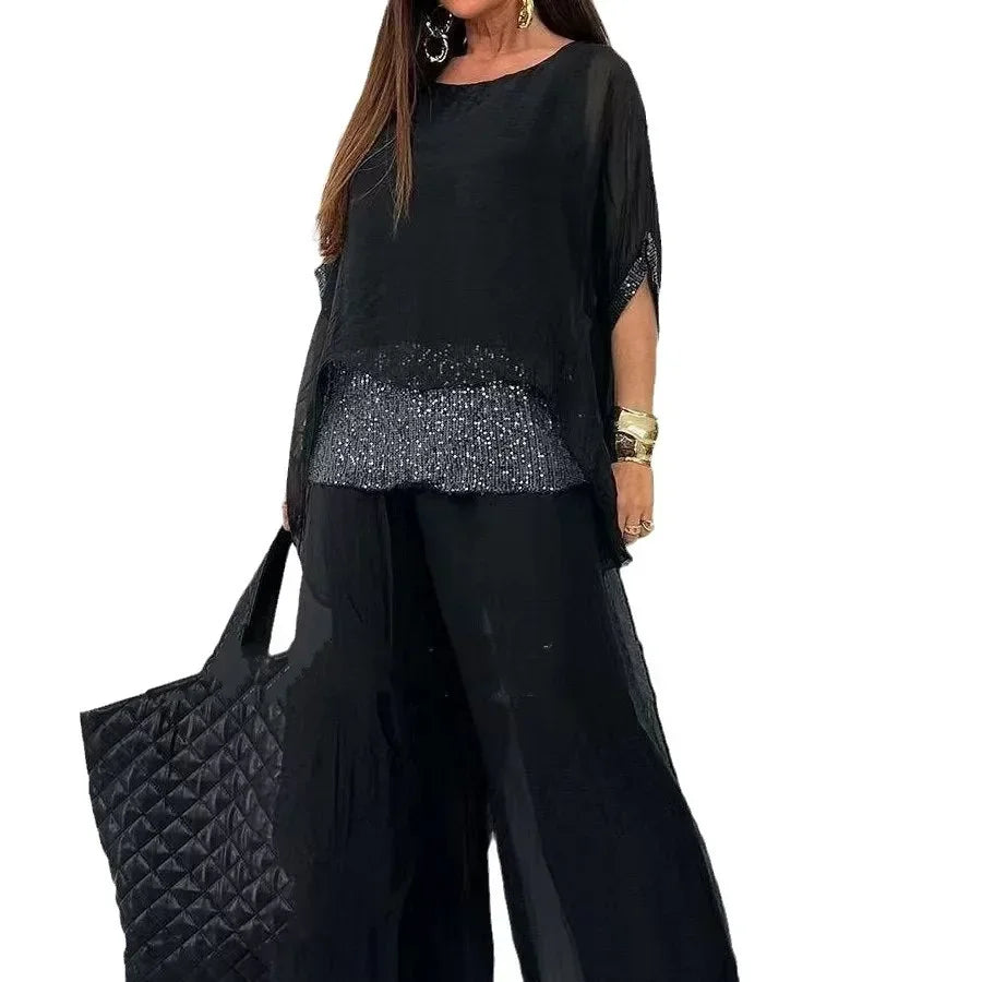 JazzHer Two Piece Sets Women Outfits Top Round Collar Blouse Sequins Wide Leg Pants Suit Casual Ensemble Female Office Lady Outfits