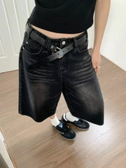 JazzHer 2024 Y2k Retro Women Low Rise Jorts Brushed Black Wash Cropped Baggy Jeans Wide Leg Frayed Denim Short Pants Acubi Fashion