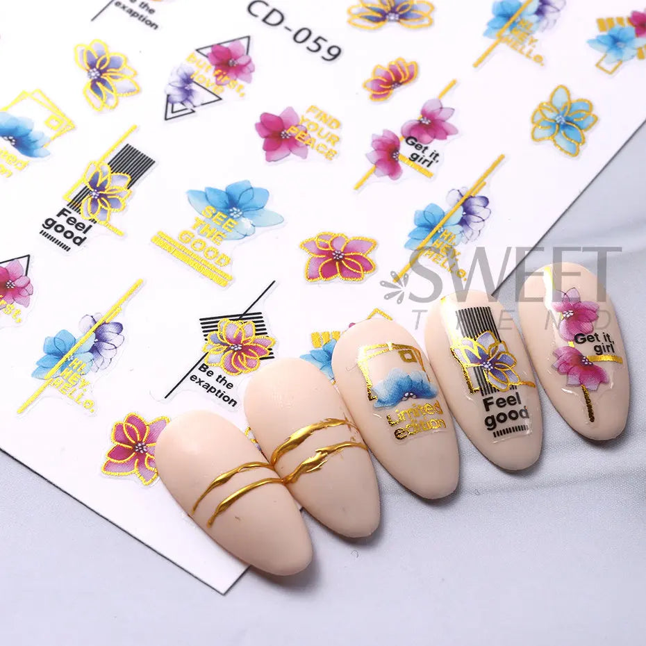 JazzHer Laser Gold Flower Nail Sticker 3D Geometry Leaves Adhesive Nails Slider Holographic Glitter Leaf Manicure Decals Tips Decoration