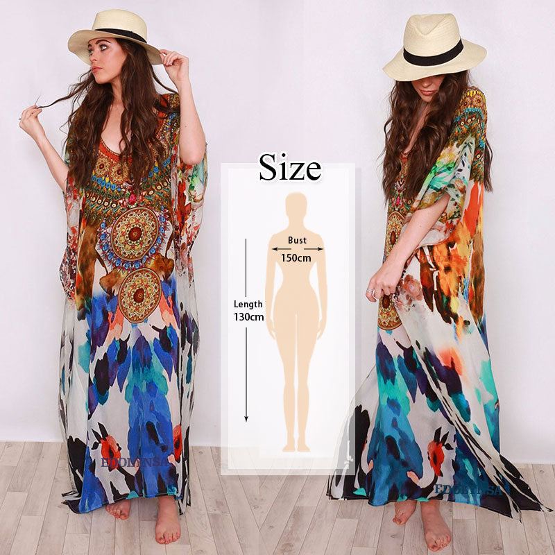 JazzHer 2024 Blue Bohemian Embroidered Batwing Sleeve Side Split Summer Beach Dress Chiffon Tunic Women Plus Size Beachwear Kaftan Q746