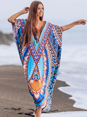 JazzHer 2024 Bohemian Printed Summer Holiday Dress Blue Tunic Women Beach Wear Kaftan V-Neck Bats Sleeve Maxi Dress Robe Q956