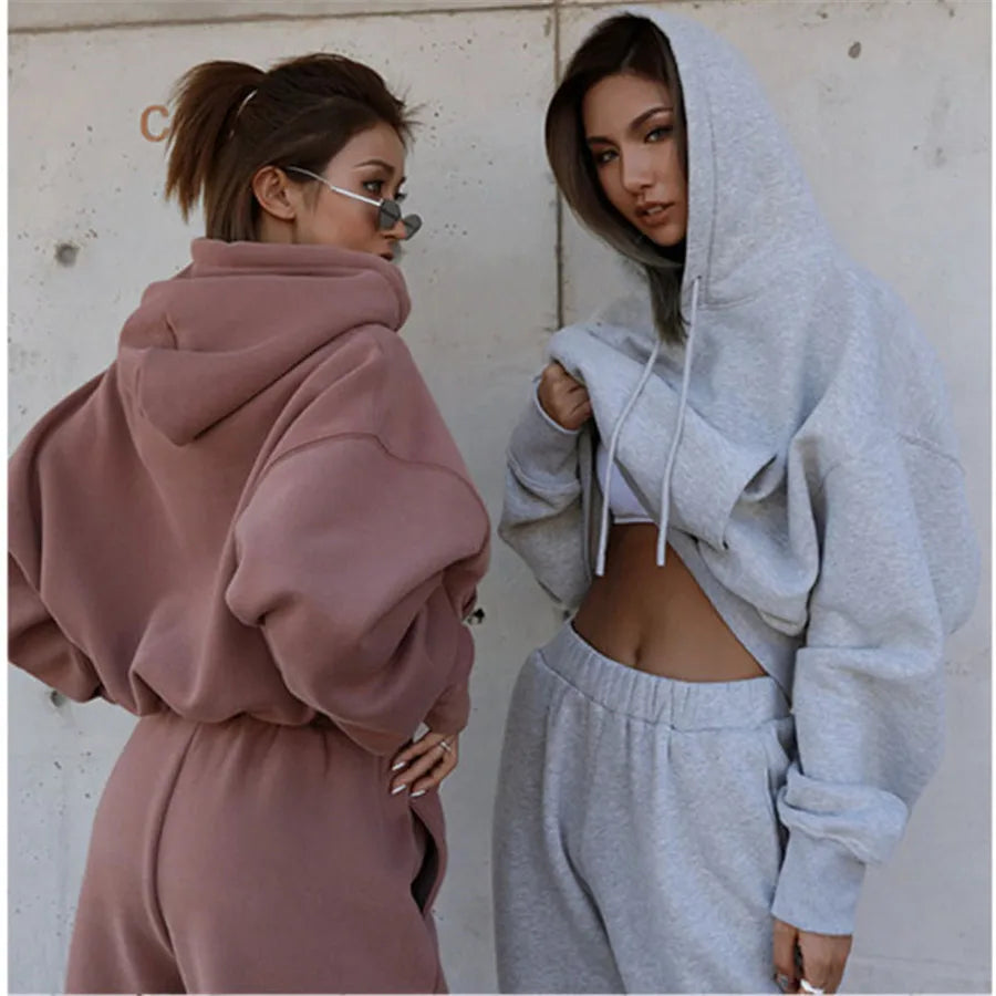 JazzHer Women Sports Two Piece Sets Hoodie Trousers Solid Color Hooded Pants Outfits Sweatshirt Suit 2024 Autumn Winter Tracksuit