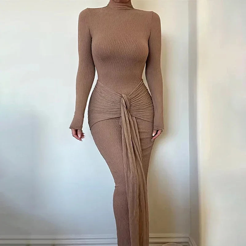 JazzHer Elegant Ruched Bodycon Long Dress For Women Long Sleeve Gown Fashion Drape Turtleneck Female Club Party Maxi Dress New