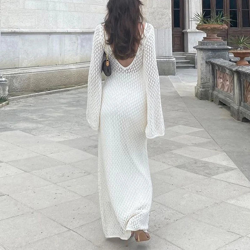 JazzHer Elegant Crochet Flare Sleeve Low Cut V Neck Backless Dress Women Beach Style Knitted Hollow Out Long Dress Club Party Vestidos