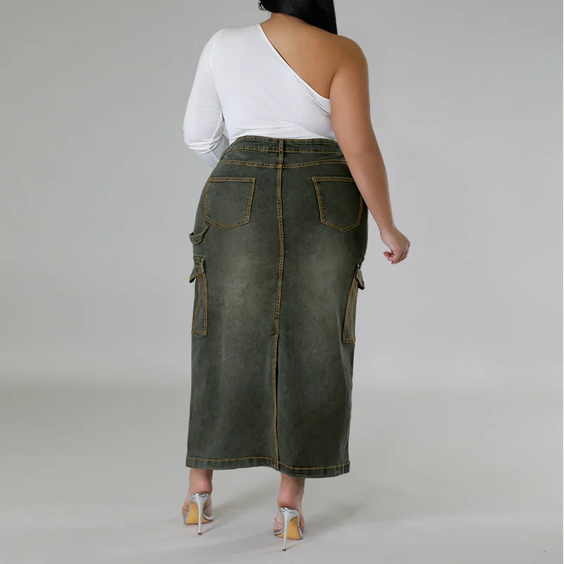 JazzHer Denim Skirts Solid Zipper Fly Pencil Dress Washed Distressed Sexy Wrap Buttocks Ankle Length Skirt Spliced Basics Slim Fit