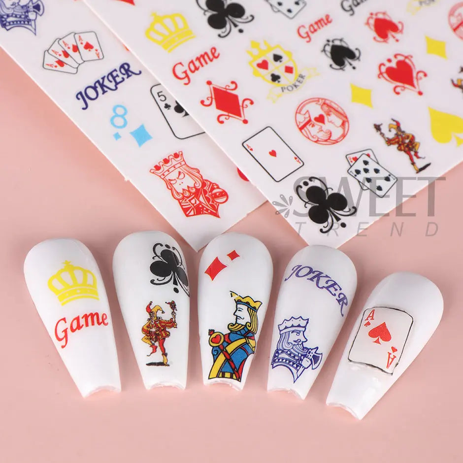 JazzHer 3D Poker Design Nail Art Stickers Playing Cards Tip Sliders Abstract Decals Foil Adhesive Decorations Manicure Accessories LYJO