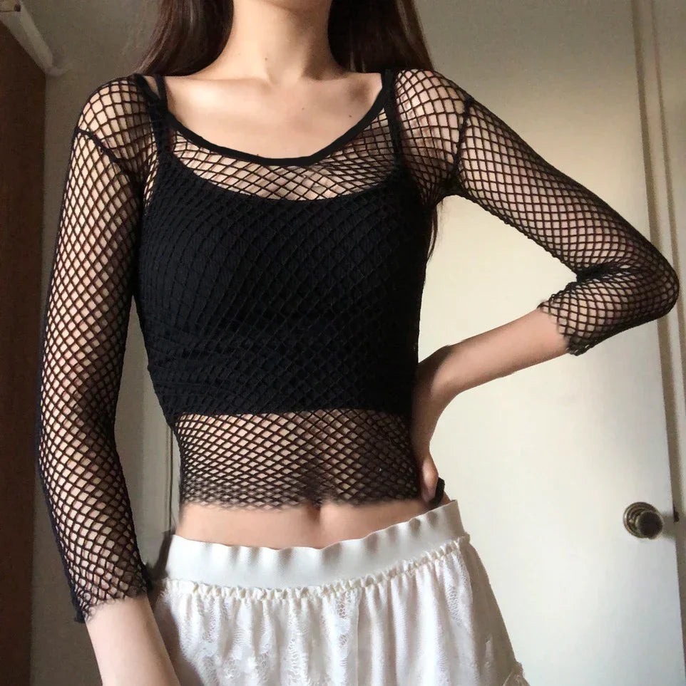 JazzHer Harajuku Hollow Out See Through Crop Top Gothic Fishnet Mesh T-Shirts Grunge Mall Goth Women Summer Beach Cover-ups