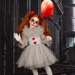 JazzHer Halloween Awakecrm Joker Pennywise Girls Tutu Dress Kids Gray Creepy Clown Halloween Costume Cosplay Clothes Children Birthday Fancy Dresses