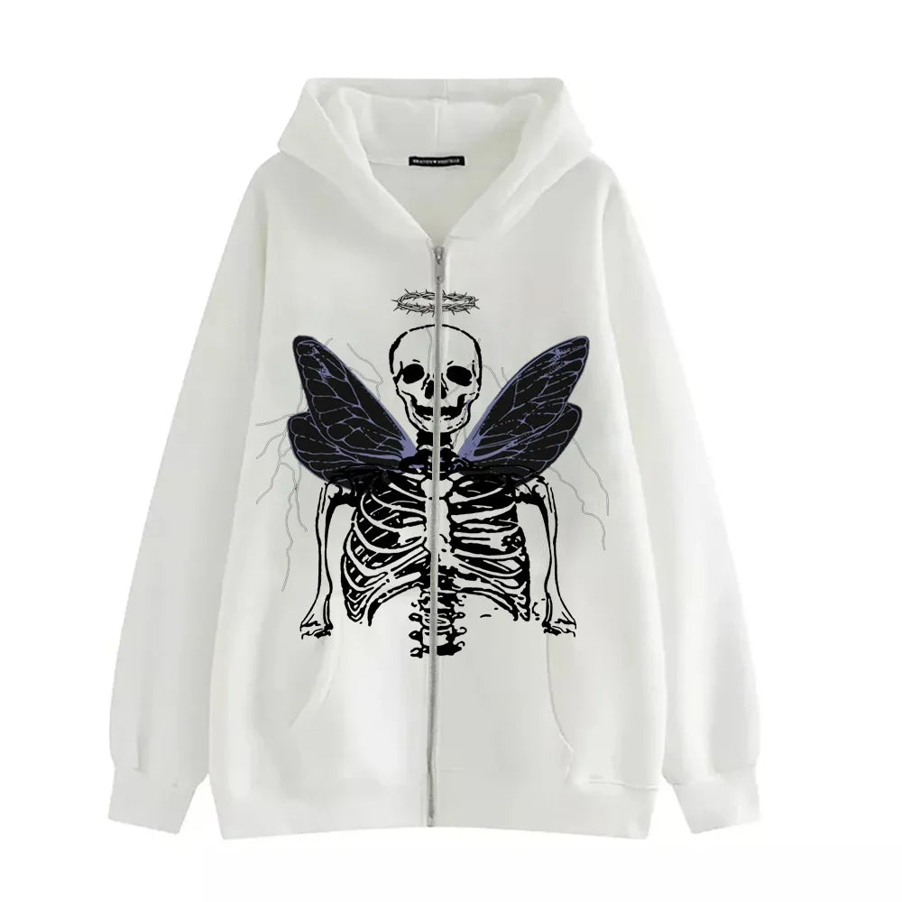 JazzHer Y2K Aesthetic Zip Up Sweatshirts E-girl Gothic Grunge Emo Skeletons Wings Print Oversized Hoodies Autumn Long Sleeve Coat Top