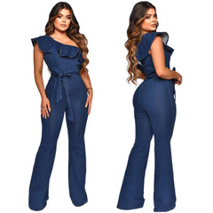 JazzHer Spliced Ruffles Vintage Jeans Overalls Washed Full Length Jean Wide Leg Denim Pants Distressed Solid 2024 Casual Skew Collar