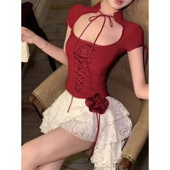 JazzHer 2024 Summer New Korean Cross Lace Up Sexy Slim Short-sleeved T-shirt Women + High Waist Irregular A-line Skirt Two-piece Suit