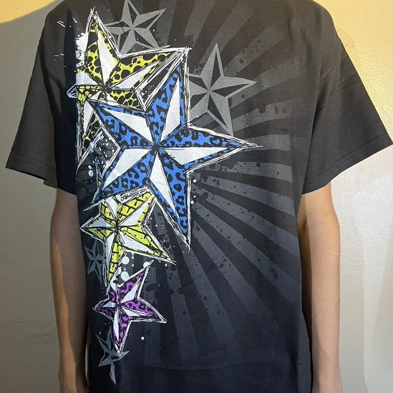 JazzHer 00s Vintage Star Graphic Loose Tops Y2K Emo T Shirt Punk Goth Harajuku Cyber Grunge Retro Short Sleeve Clothes Women Men's Tee