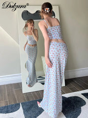 JazzHer Matching Suit Print Floral 2024 Summer Women Sexy Bra Top Vest Camisole Tank Maxi Skirt Y2K Club Vocation Co Ords Set