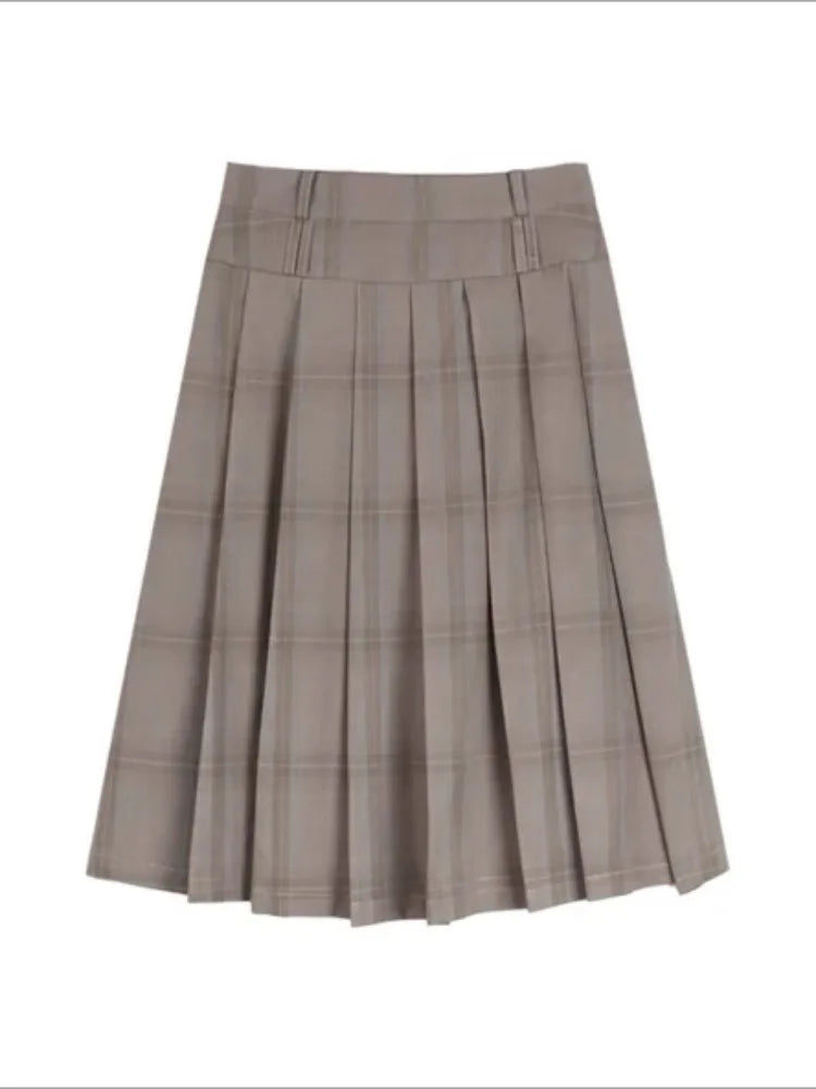 JazzHer- Vintage Long Plaid Skirt Women High Waist A-line Korean Fashion Preppy Midi Pleated Skirt Autumn Winter School Uniform