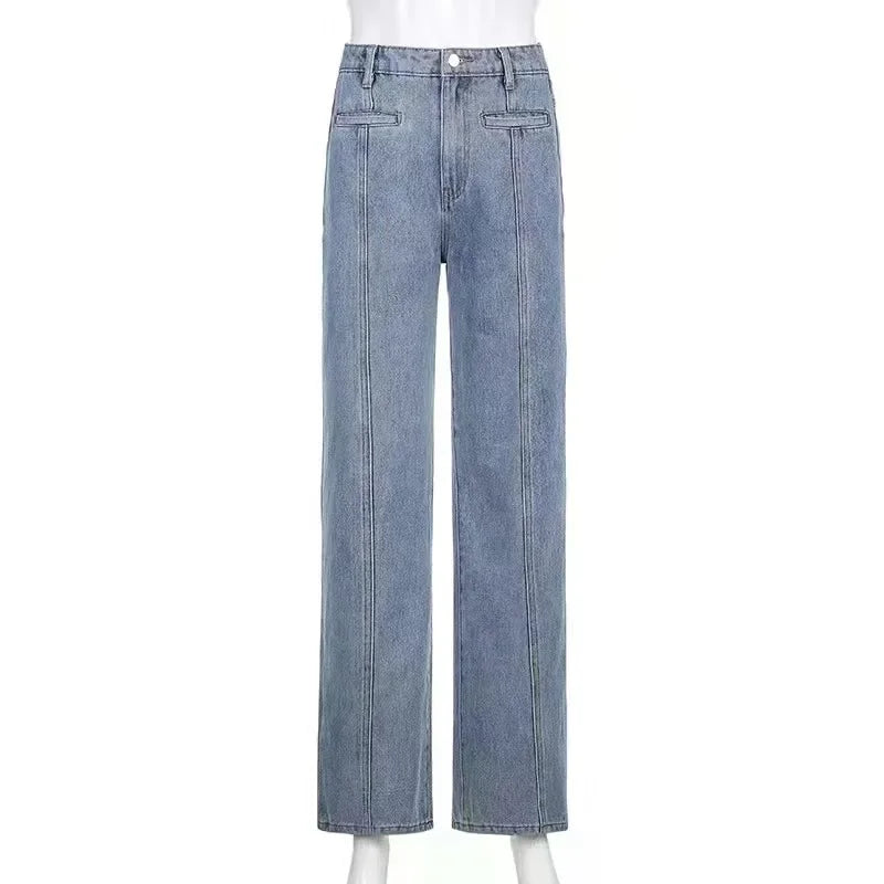 JazzHer Women Jeans Mid Waist Flare Pants Zipper Fly Washing Loose Fit Denim Pockets High Street Winter 2024 Slight Strech Print