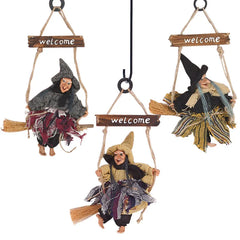 JazzHer Halloween Horror Witch Doll Hanging Ornaments Flying Witch with Broom Pendant Halloween Party Decoration for Home DIY Wreath