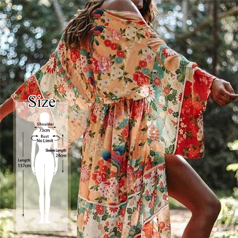 JazzHer Saida De Praia Fashion Beach Kimono Dress Women Beachwear Multicolored Bohemian Tropical Printed Ankle Length Pareo Dress Q600