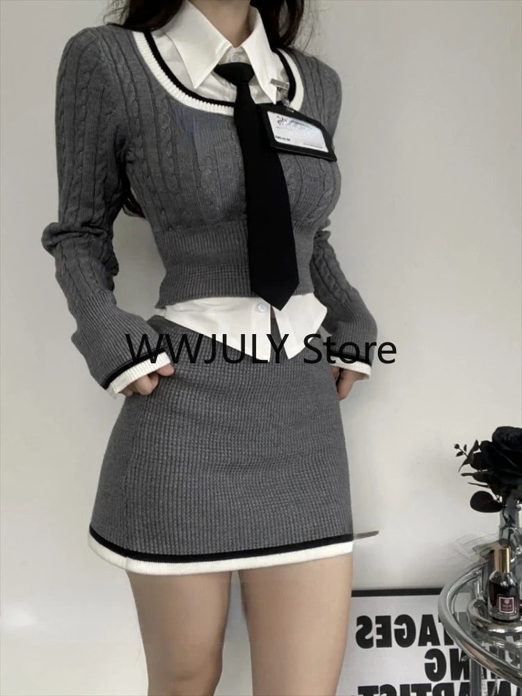 JazzHer 2024 Fall Fashion Fashion Knitted Suit Woman Y2k Crop Tops Sweater + Casual Shirt + Slim Bodycon Mini Skirt Korean 3 Piece Set Skirt 2024 Autumn