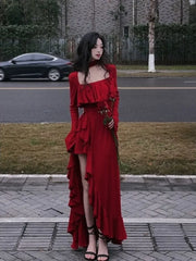 JazzHer 2024 Spring Women Elegant Long Slevee Midi Dress Female Red Square Collar Ruffle Party Dress Christmas Irregular Prom Dress