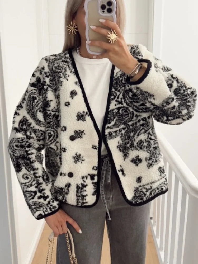 JazzHer Printed V-neck Fleece Long Sleeved Women's Coat Casual Single Breasted Fashion Jacket 2024 New Street Commute Female Outerwear