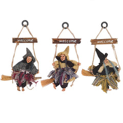 JazzHer Halloween Horror Witch Doll Hanging Ornaments Flying Witch with Broom Pendant Halloween Party Decoration for Home DIY Wreath