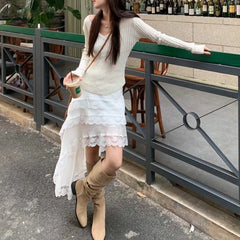 JazzHer 2024 Spring New Streetwear Lace Splicing Asymmetric Cake Skirt Women + V-neck Casual Knitted Long-sleeved T-shirt Two-piece Suit