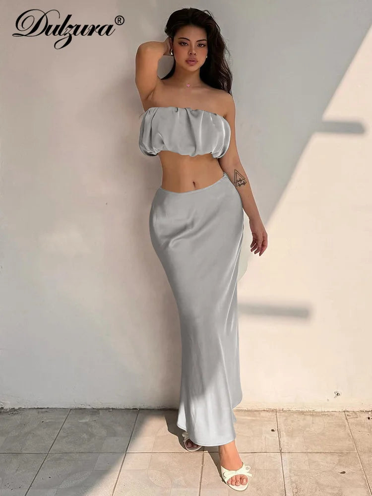 JazzHer Sexy Matching Suit Strapless Tube Tops Midi Dress Sets Solid Women Clothes Summer Party Club Streetwear Wholesale Y2K