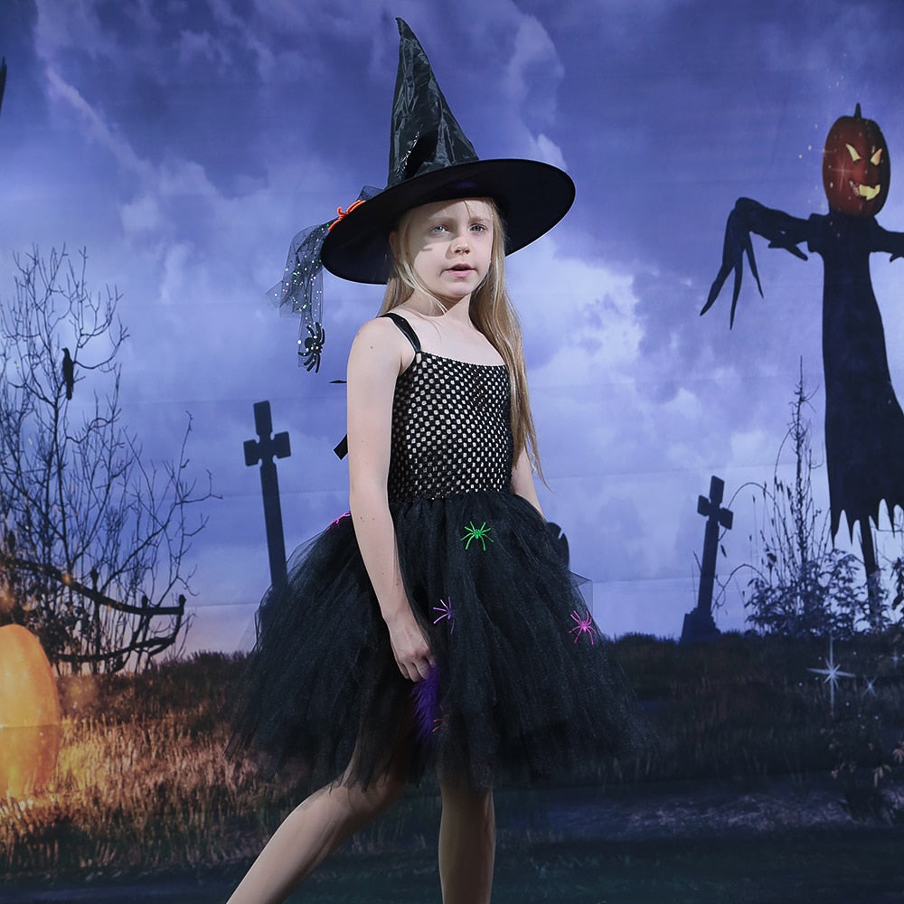 JazzHer Halloween Awakecrm Spider Witch Kids Halloween Costume Black Tulle Tutu Dress Dress Girl Carnival Party Dresses Children Evil Witch Cosplay Costume