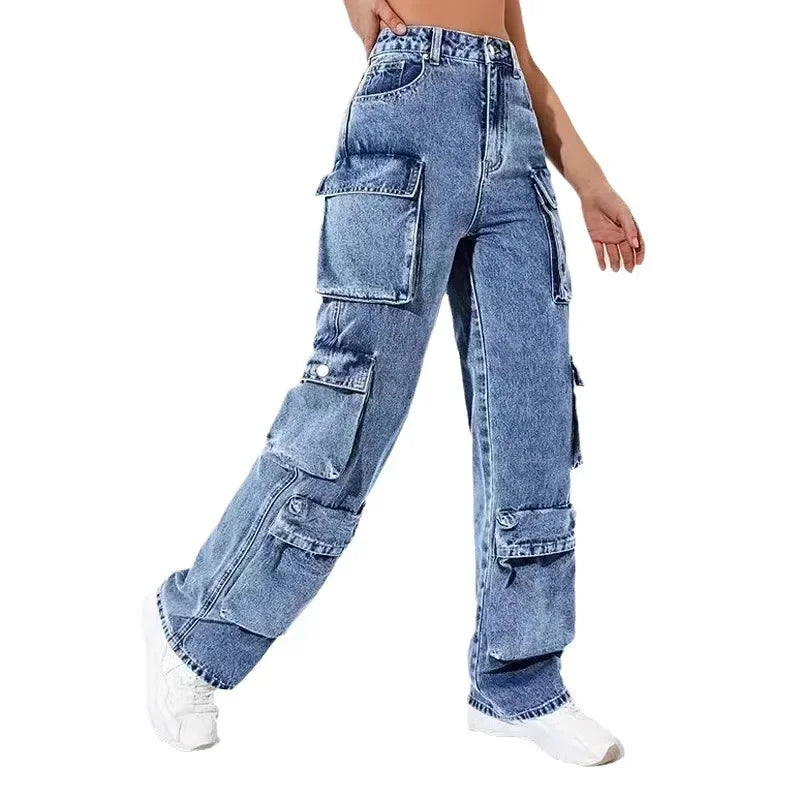 JazzHer Jeans Women Straight Cargo Pants Denim High Waist Vintage Pockets Button Basics Ankle Length Trousers 2024 Autumn Streetwear