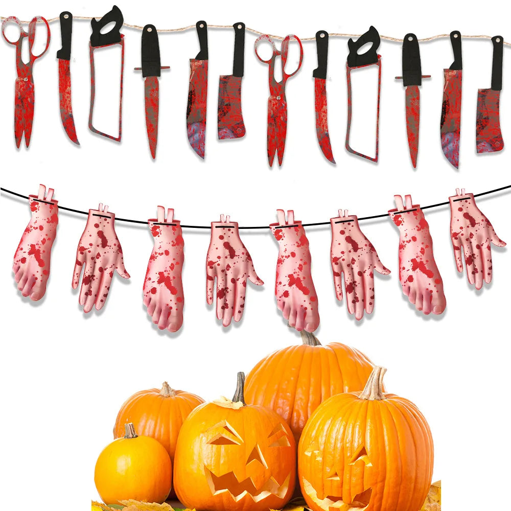 JazzHer Halloween Banner,Horror Bloody Knife Banner,Letter Banner,Halloween Party Decorations,Horror Photo Props Garland