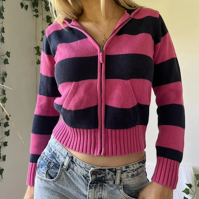 JazzHer 90s Vintage Y2K Aesthetic Striped Cropped Sweater Autumn Zip Up Knitted Cardigans Hooded Women Long Sleeve Slim Fit Coats