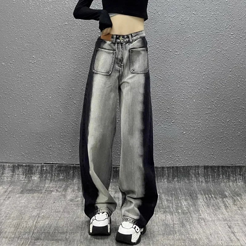 JazzHer Women Jeans Loose High Waist Vintage Wide Leg Pants Pockets Denims Full Length Streetwear Female Denim Straight Trousers