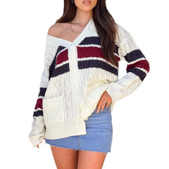 JazzHer Y2K Striped V Neck Long Sleeve Sweater Coats Preppy Vintage Knitted Cardigan Autumn Winter Women Button Down Loose Fit Jumpers