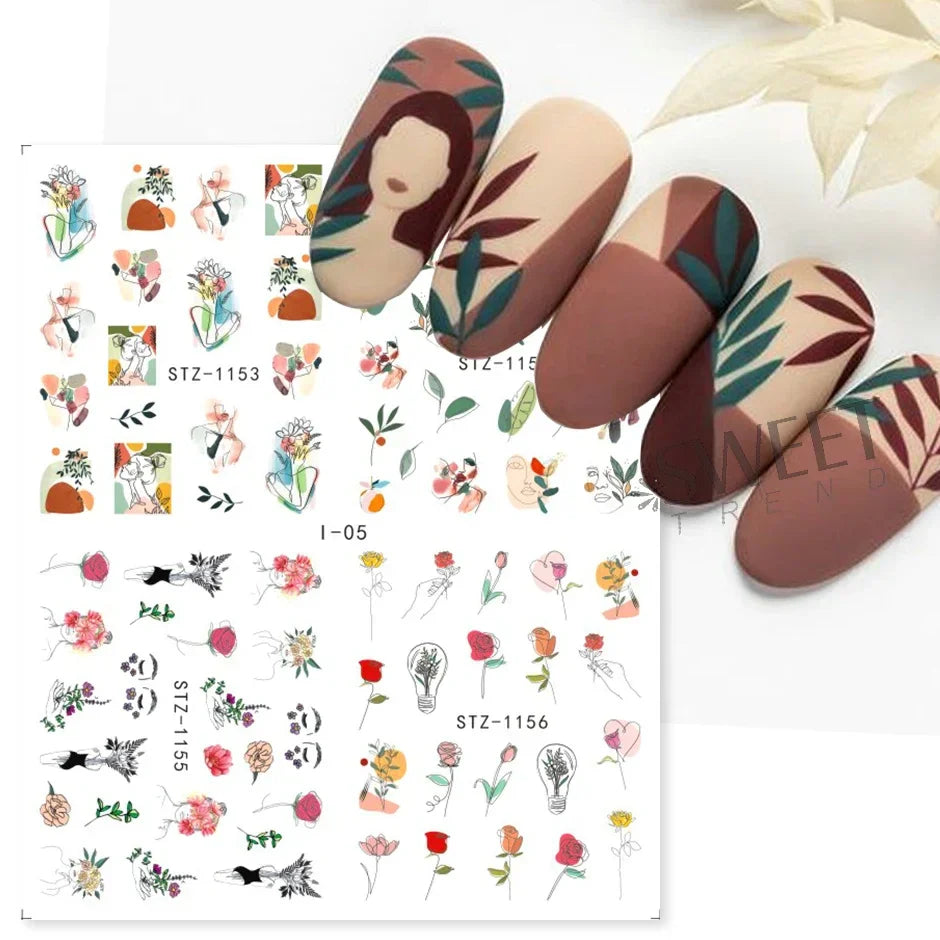 JazzHer 4 In 1 Watercolor Flowers Leaf Charms Nail Stickers Simple Floral Abstract Design Sliders Foils Spring Manicure Watermark Tattoo