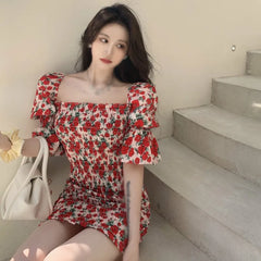 JazzHer Spring Summer Square Collar Floral Dress Women Temperament Slim Waist Bag Hip Skirt French Retro Dresses