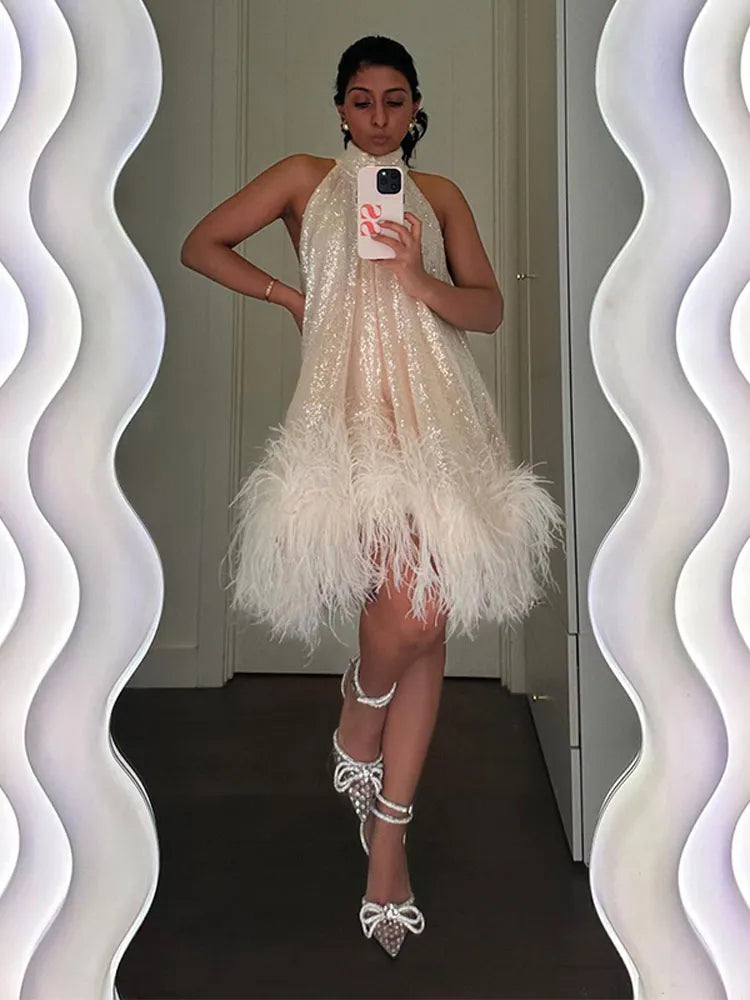 JazzHer Elegant White Sequins Feather Hem Mini Dress Women Sexy Off Shoulder Loose Halter Dresses 2024 New Shiny Female Party Vestidos