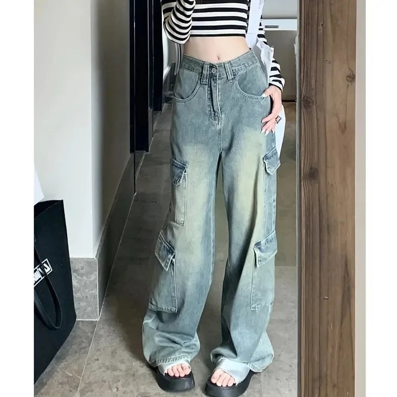 JazzHer Women Vintage Jeans Wide Leg Pants High Waist Pockets Button Zipper Fly Basics Full Length Streetwear Denim Straight Trousers