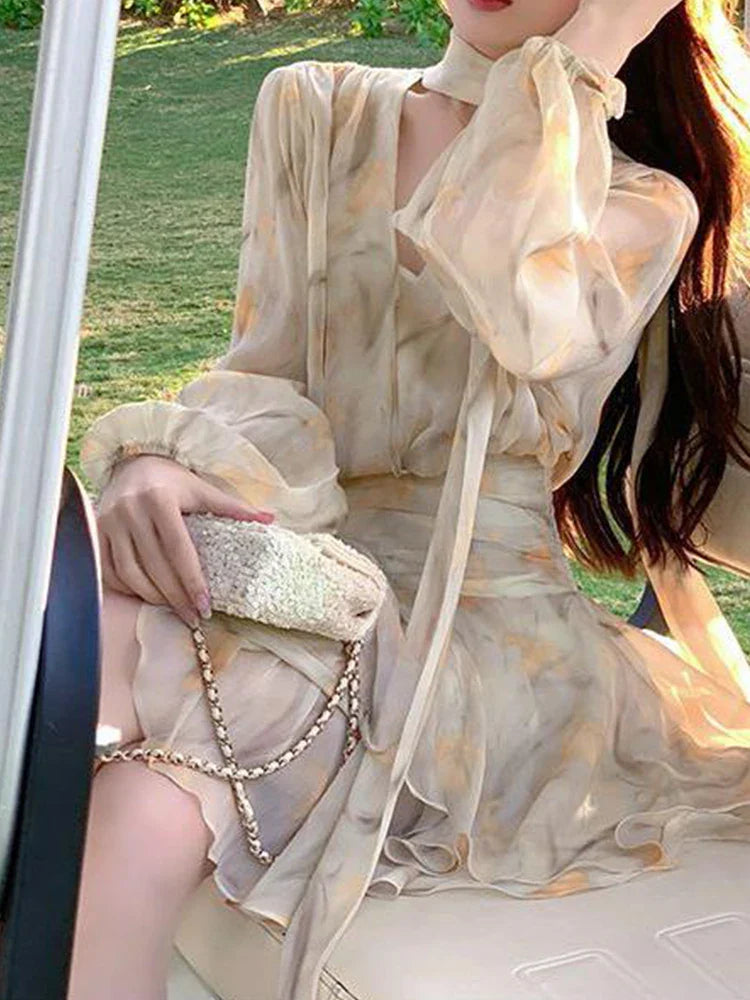 JazzHer Chiffon Dress Women Fashion Vintage Long Sleeve Dresses Print Slim Folds Puff Sleeve V Neck Mini 2024 New Spring Summer Dress