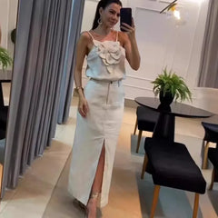 JazzHer Women Two Piece Skirt Sets Solid Suspenders Sleeveless Spliced Elegant Split Long Skirts A Line High Waist Summer 2024