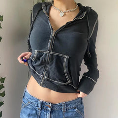 JazzHer 2000s Retro Grunge Zip Up Hoodies Preppy Style Fashion Cropped Sweatshirt Autumn Long Sleeve Slim Fit Coat Jacket Y2K Vintage