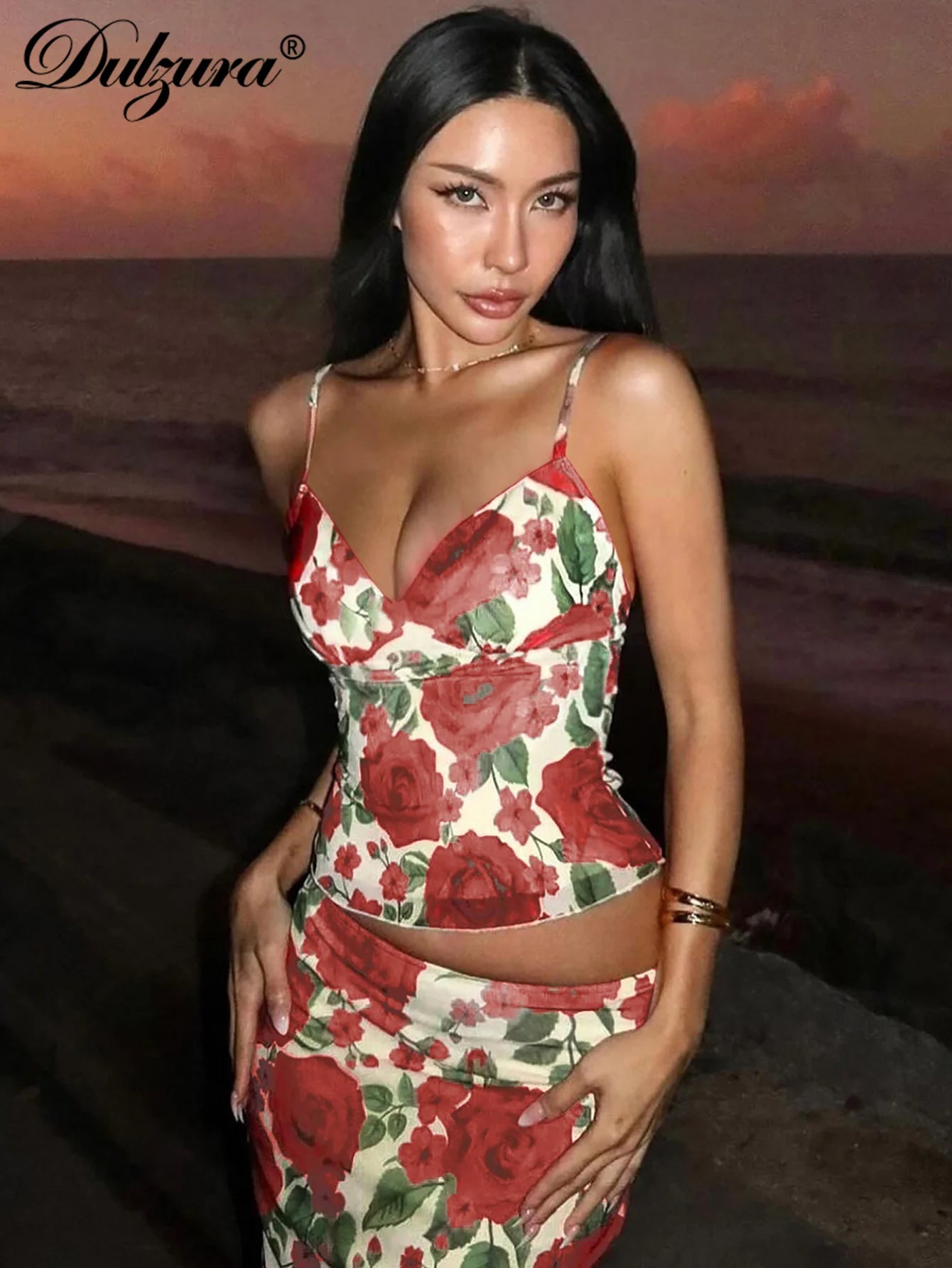 JazzHer Floral Printed Sexy Matching Suits Camisole Tops Maxi Dress Sets Women Outfits Summer Evening Party Club Streetwear Y2K