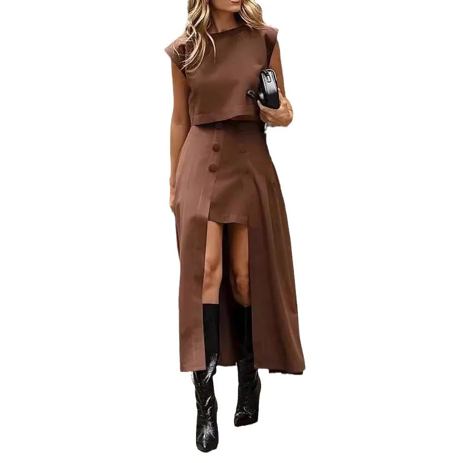 JazzHer Summer Set Women Two Piece Short Top Round Collar Buttons Slim Fit Asymmetrical Skirt Suit Casual Female Outfits Skirts Sets