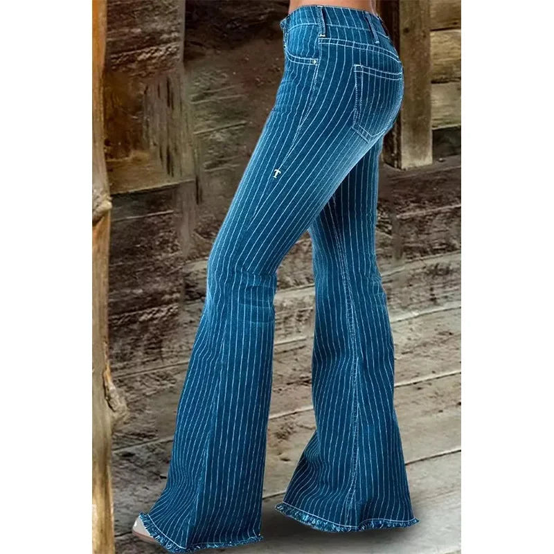 JazzHer Women Striped Flare Pants Midi Waist Button Spliced Denim Trousers Pockets Jeans Long Pant Vintage Winter Slight Strech