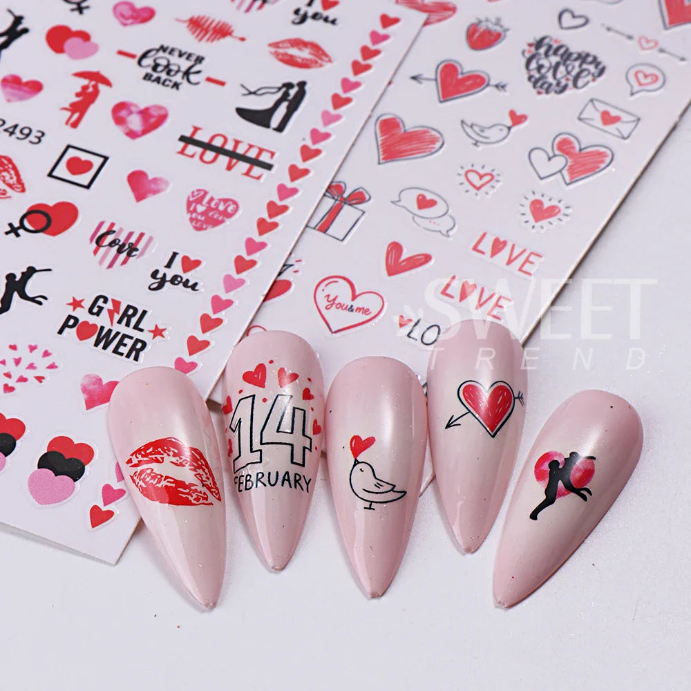 JazzHer Valentines Day Nail Art Sticker Sexy Girl Lips Bear Letter Design Slider 3D Red Love Heart Rose Stickers For Nails Decoration