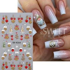 JazzHer Christmas Nail Sticker 5D Gold Glitter Snowflake Elk Penguin Bells Design Adhesive Nail Slider Decals Winter Manicure Decoration