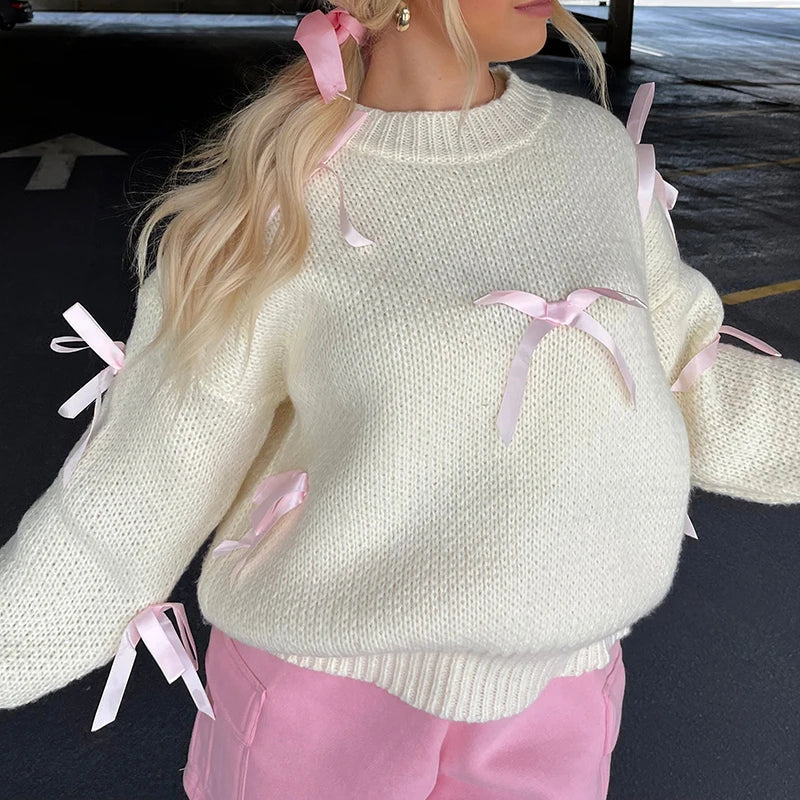 JazzHer Vintage Y2K Cottage Knitwear Tops Streetwear Pink Ribbon Bowknot Knitted Sweater Women Girl Autumn Winter Long Sleeve Pullovers